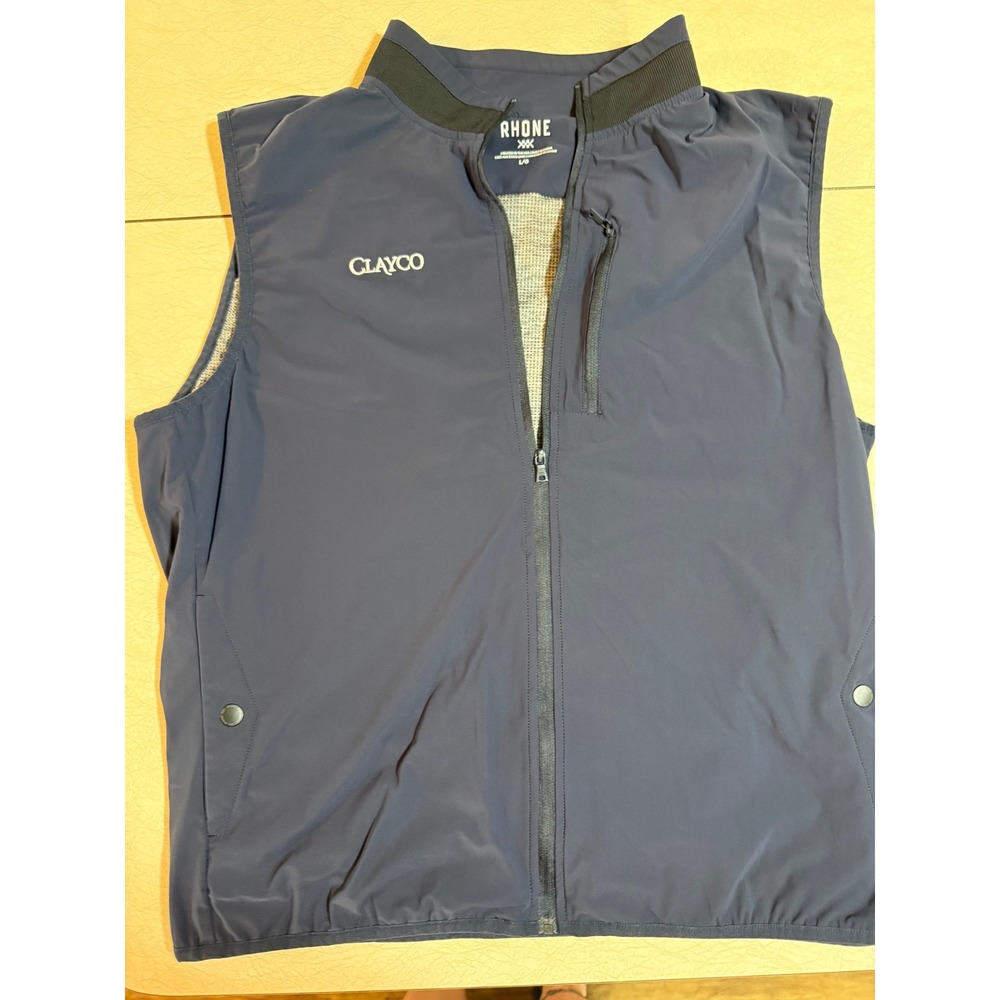 Rhone Mens Full Zip Vest Navy Blue Clayco Logo Golf Performance Size Large